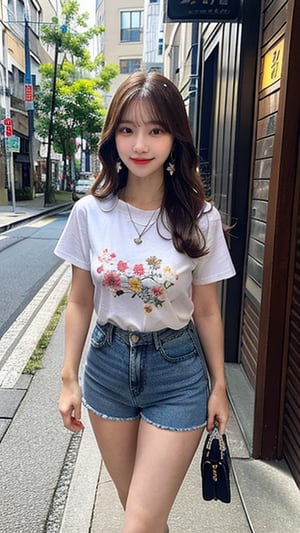 16 year old Korean female, smiling, long brown hair, colorful floral T-shirt and shorts, blue jeans and sneakers, white sneakers, walking with a view of the Shiretoko Mountains in Hokkaido, shoulder bag, earrings, necklace, height 150cm, nice smile, (Luanmei)