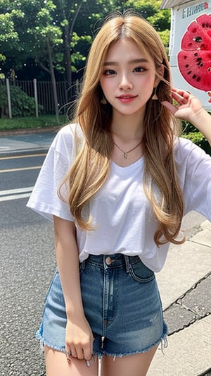 Korean female, 16 years old, long blonde shiny fairy hair, oversized t-shirt in Karaul, shorts, blue jeans, going to the beach and breaking watermelon, smiling, blue eyes, beautiful face, smiling, loud Laughs, wears necklace and earrings, (Luanmei),smile,