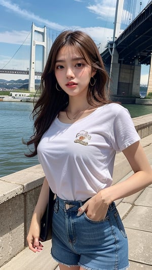 16 year old Korean woman, smiling, long brown hair, simple and fashionable colorful T-shirt and shorts, blue jeans and sneakers, white sneakers, walking with a view of the world's tallest bridge "Pont Millau" with France in the background ,shoulder bag, earrings, necklace, 150cm, smile, (Luanmei)