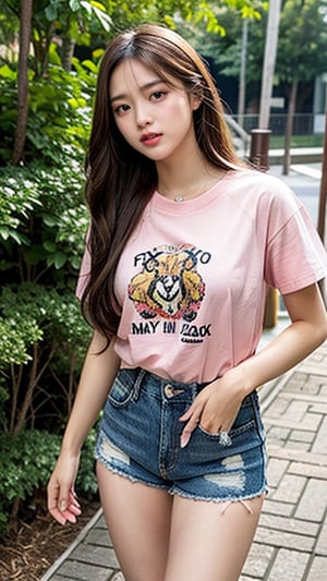 18-year-old Korean woman, long brown hair with fairy-like hairstyle, oversized pink and black T-shirt, shorts, blue jeans, walking in the zoo, 160cm tall, nice smile, (Luan Mei), smile,