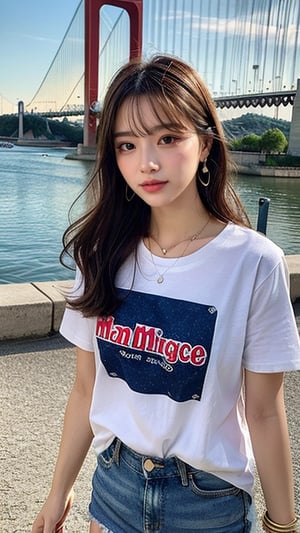 16 year old Korean woman, smiling, long brown hair, simple and fashionable colorful T-shirt and shorts, blue jeans and sneakers, white sneakers, walking with a view of the world's tallest bridge "Pont Millau" with France in the background , earrings, necklace, 150cm, smile, (Luanmei)