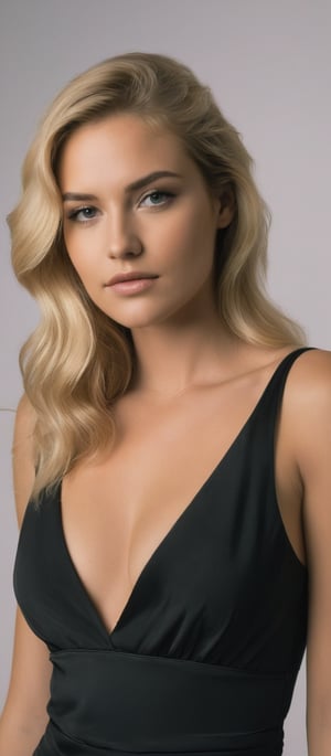 A young Caucasian woman with long, wavy blonde hair wearing a black, low-cut dress that reveals her cleavage. She has a serious expression on her face and is posing in front of a plain background