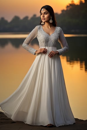 
A model in a white, flowy Anarkali suit with delicate silver embroidery, standing by a serene lakeside at sunset. The soft lighting enhances the ethereal quality of the ensemble."
Setting: Lakeside at sunset
Details: White Anarkali suit, minimal jewelry, soft makeup,photo_b00ster