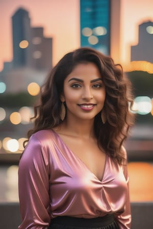 A Brazilian influencer, 25 years young, stands confidently in front of a vibrant cityscape at sunset. Her curly dark brown locks cascade down her back as she gazes directly into the camera lens. Dark brown eyes sparkle with charisma, framing her full lips and radiant smile. She wears a trendy social shirt, its bold colors complementing her sun-kissed skin tone. The dynamic city lights reflect off her hair, adding depth and dimension to this captivating portrait.,Spread pusy