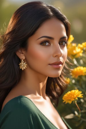 a 35 yo latin woman in a delightful afternoon, upper body, beauty female, shiny dark hair, hazel eyes, perfect olive skin, Extremely realistic textures and warm colors give the final touch. Sharp focus and realistic shadows add to the scene, flowers 