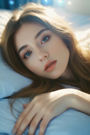 a woman with long hair laying in bed, in the style of yigal ozeri, anamorphic lens flare, bella kotak, video, close up, jagged edges, light beige and blue, 