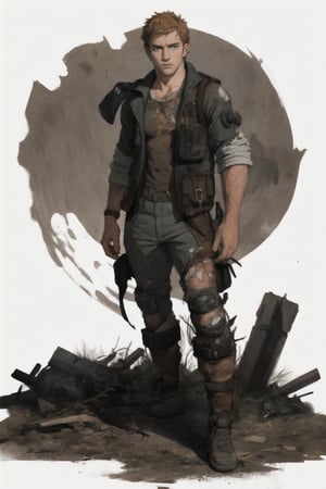 ((full body portrait)), a young male in his mid 20's with messy ginger hair, ((post apocalyptic)), torn clothes, (looking at viewer),  proper anatomy,  just a white background,  HD,  high resolution, best quality,  masterpiece,  intricate details,hairy,flaccid