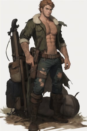 ((full body portrait)), a young male in his mid 20's with messy ginger hair, ((post apocalyptic)), torn clothes, (looking at viewer),  proper anatomy,  just a white background,  HD,  high resolution, best quality,  masterpiece,  intricate details,hairy,flaccid