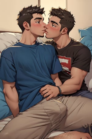 Two male Latino teenagers wearing loose-fitting clothes almost kiss. Relaxed.,(1man)