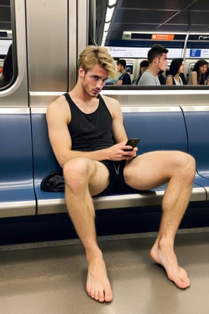 sitting, full body, on the metro, cute 20yo blond guy, shirtless, black shorts, hairy legs, showing ankles, barefoot, looking down at his phone