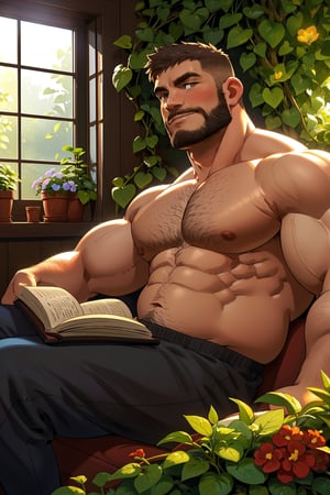 men,(chubby mature man),(chubby muscle man)a cozy fantasy reading room,a large cozy  couch by the window, flower vines, indoor garden, flowers, sunlight, lush forest outside, waterfall  Glowing . , brilliant colors, sheen, of a Thai Warrior golden , short  hair, depth of field, shallow ,bokeh, cinemascope, moody, epic,(1man)