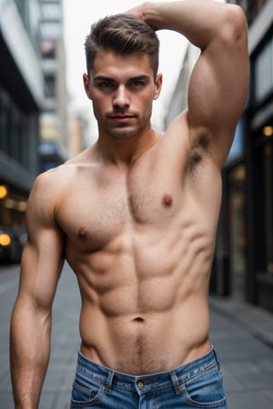 handsome muscular guy with hairy armpits, closeup portrait photo of man in jeans, face, short hair, fashion, slim body, high quality, city, streets, bokeh,Vline