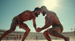 A dynamic, close-up shot of two hairy Greco-Roman wrestlers, their chiseled bodies glistening in the warm light of a sun-drenched arena. Their faces, determined and focused, are bent towards the mat as they wrestle nude, hands grasping for each other's arms and bare feet tangling in a fierce struggle.