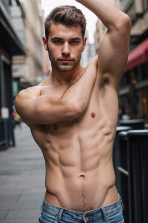 handsome muscular guy with hairy armpits, closeup portrait photo of man in jeans, face, short hair, fashion, slim body, high quality, city, streets, bokeh,Vline