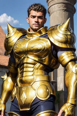 (Extremely detailed CG uniform 8k wallpaper, masterpiece, best quality, super detailed), male anime character wearing golden armor, 1boy, golden armor, male focus, handsome face, short black curly hair, armor, solo, Taurus armor , Trend Artstation, Fantasy 00d, Mature