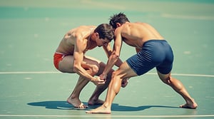 A dynamic, close-up shot of two Greco-Roman wrestlers, their chiseled bodies glistening in the warm light of a sun-drenched arena. Their faces, determined and focused, are bent towards the mat as they wrestle nude, hands grasping for each other's arms and bare feet tangling in a fierce struggle.