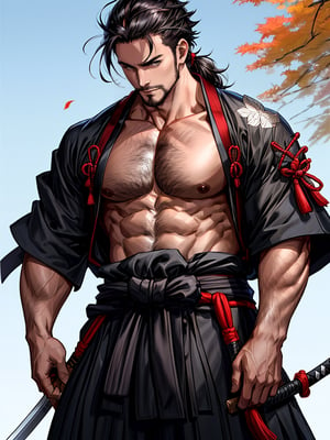 1man, samurai, handsome, protruding pecs, stubbles, japanese samurai clothing, black_hair, brown eyes, Hair tied back, few locks of hair hang down on the forehead, katana at waist, maple leaf scattered in the air, wind, dynamic angle, Masterpiece,  Intricate details,  hdr,  depth of field,  (full body view),  Portrait, open cloth, take off top cloth to waist, show chest, show abs, body hair, hairy chest,best quality