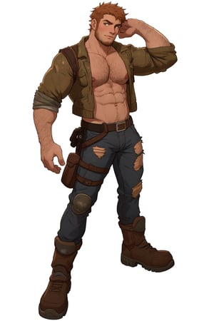 ((full body portrait)), a young male in his mid 20's with messy ginger hair, ((post apocalyptic)), torn clothes, (looking at viewer),  proper anatomy,  just a white background,  HD,  high resolution, best quality,  masterpiece,  intricate details,hairy,flaccid,(1man)