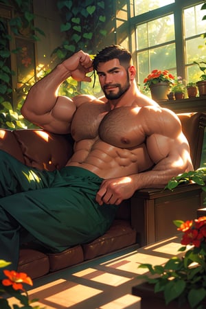 men,(chubby mature man),(chubby muscle man)a cozy fantasy reading room,a large cozy  couch by the window, flower vines, indoor garden, flowers, sunlight, lush forest outside, waterfall  Glowing . , brilliant colors, sheen, of a Thai Warrior golden , short  hair, depth of field, shallow ,bokeh, cinemascope, moody, epic