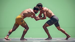 A dynamic, close-up shot of two Greco-Roman wrestlers, their chiseled bodies glistening in the warm light of a sun-drenched arena. Their faces, determined and focused, are bent towards the mat as they wrestle nude, hands grasping for each other's arms and bare feet tangling in a fierce struggle.