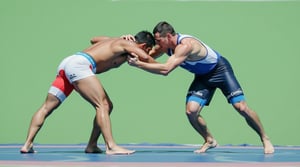 A dynamic, close-up shot of two Greco-Roman wrestlers, their chiseled bodies glistening in the warm light of a sun-drenched arena. Their faces, determined and focused, are bent towards the mat as they wrestle nude, hands grasping for each other's arms and bare feet tangling in a fierce struggle.