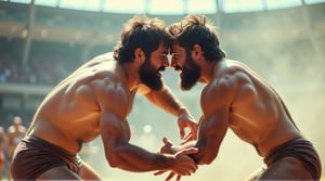 A dynamic, close-up shot of two hairy Greco-Roman wrestlers, their chiseled bodies glistening in the warm light of a sun-drenched arena. Their faces, determined and focused, are bent towards the mat as they wrestle nude, hands grasping for each other's arms and bare feet tangling in a fierce struggle.