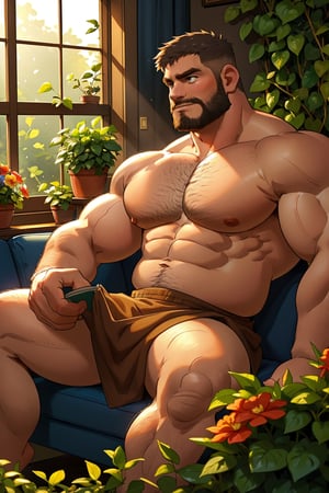 men,(chubby mature man),(chubby muscle man)a cozy fantasy reading room,a large cozy  couch by the window, flower vines, indoor garden, flowers, sunlight, lush forest outside, waterfall  Glowing . , brilliant colors, sheen, of a Thai Warrior golden , short  hair, depth of field, shallow ,bokeh, cinemascope, moody, epic,(1man)