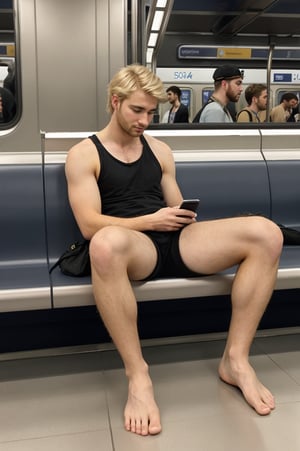 sitting, full body, on the metro, cute 20yo blond guy, shirtless, black shorts, hairy legs, showing ankles, barefoot, looking down at his phone