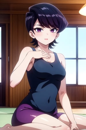 Komi Shuuko, a mature woman with short black hair and swept bangs, sits on a wooden floor in a serene living room. Her shiny hair glistens as she practices yoga, her purple eyes focused inward. She wears tight yoga clothes that accentuate her toned physique. The room is bathed in the warm glow of morning light, which streams through the windows and illuminates the scene. A sofa sits comfortably in the background, a subtle reminder of relaxation and leisure time. As she holds a challenging yoga pose, Komi exudes confidence and serenity.