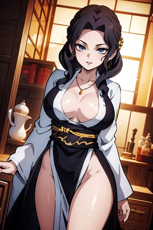 A stunning anime-style sculpture of a woman, posed elegantly in a standing position. The camera angle is set at eye level to capture her serene and graceful stance. The lighting is soft and diffused, creating a gentle and flattering effect on her features. The composition centers around the entire figure, emphasizing her detailed and exquisite form.The woman has long, flowing black hair adorned with a delicate hair ornament. Her eyes are a captivating red, large, and expressive, typical of anime style, adding an intriguing depth to her expression. Her face displays a malevolent and cunning smile, exuding an aura of malice. She wears a revealing kimono that accentuates her curves and flows beautifully around her form, partially open to highlight her prominent chest and long, shapely legs. Her lips are painted a striking red, adding to her overall allure.Her jewelry includes elegant earrings and a simple yet beautiful necklace, adding a touch of sophistication. The sculptor has meticulously crafted her figure, focusing on her ample bosom and toned legs, both prominent features in the composition. Her body is designed with voluptuous proportions, including a generously detailed chest and gracefully elongated legs, fitting the anime aesthetic.The background depicts the interior of the fortress from "Kimetsu no Yaiba", with intricate Japanese architecture and ominous shadows, adding a rich and dramatic atmosphere to the sculpture. This choice enhances the sense of depth and drama, making the scene feel both grand and intimate.Additionally, in the "2girls" scenario, the sculpture depicts another woman, with different features: she has gray-blue hair and blue eyes, wearing a contrasting kimono. The setting portrays a romantic scene where this second woman is passionately kissing another woman who is not part of the sculpture. The romantic interaction between them is tender and intimate, contrasting with the composed and statuesque nature of the sculpture.The overall style of the sculpture is a blend of realism and anime, with an emphasis on intricate details and lifelike textures, crafted from smooth, polished marble.