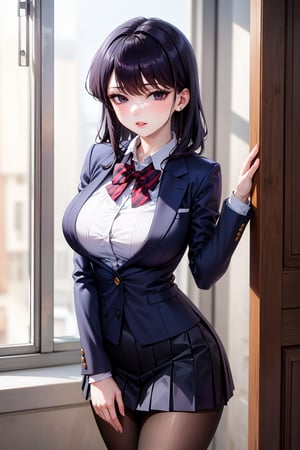 Komi Shouko stands confidently in front of a subtle, blurred background, her long black hair styled with sidelocks and swept bangs framing her striking features. Her piercing black eyes sparkle beneath her thick eyelashes. She wears a crisp school uniform consisting of a blue blazer, collared white shirt, and red striped bow tie. The medium-sized breasts are subtly accentuated by the fitted shirt. A diagonal-striped bow adorns the front of the blouse, adding a touch of whimsy to the overall design. The long sleeves and red pleated skirt create a striking contrast, while black pantyhose adds a hint of sophistication. She completes her look with comfortable loafers, showcasing her confident demeanor.,BIG BOOB,HOT,HOT WOMAN