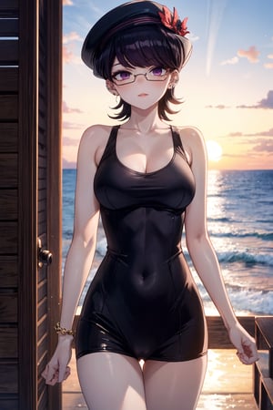 A mature woman, Komi Shuuko, with striking features and a stunning presence, stands confidently on the beach at sunset. Her short, black hair is sleek and shiny, framing her face with a swept fringe of bangs. Her piercing purple eyes sparkle as she gazes out at the sea. Wearing a very thin swimsuit and completing her chic look with sunglasses and a straw hat, Komi exudes sophistication and charm against the warm hues of the setting sun.