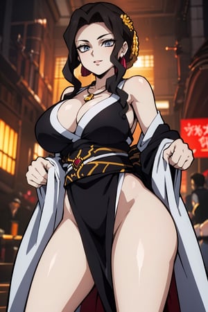 A stunning anime-style sculpture of a woman, posed elegantly in a standing position. The camera angle is set at eye level to capture her serene and graceful stance. The lighting is soft and diffused, creating a gentle and flattering effect on her features. The composition centers around the entire figure, emphasizing her detailed and exquisite form.The woman has long, flowing black hair adorned with a delicate hair ornament. Her eyes are a captivating red, large, and expressive, typical of anime style, adding an intriguing depth to her expression. Her face displays a malevolent and cunning smile, exuding an aura of malice. She wears a revealing kimono that accentuates her curves and flows beautifully around her form, partially open to highlight her prominent chest and long, shapely legs. Her lips are painted a striking red, adding to her overall allure.Her jewelry includes elegant earrings and a simple yet beautiful necklace, adding a touch of sophistication. The sculptor has meticulously crafted her figure, focusing on her ample bosom and toned legs, both prominent features in the composition. Her body is designed with voluptuous proportions, including a generously detailed chest and gracefully elongated legs, fitting the anime aesthetic.The background depicts the interior of the fortress from Kimetsu no Yaiba, adding a rich and dramatic atmosphere to the sculpture. This choice enhances the sense of depth and drama, making the scene feel both grand and intimate.The overall style of the sculpture is a blend of realism and anime, with an emphasis on intricate details and lifelike textures, crafted from smooth, polished marble.