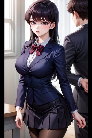 Komi Shouko stands confidently in front of a subtle, blurred background, her long black hair styled with sidelocks and swept bangs framing her striking features. Her piercing black eyes sparkle beneath her thick eyelashes. She wears a crisp school uniform consisting of a blue blazer, collared white shirt, and red striped bow tie. The medium-sized breasts are subtly accentuated by the fitted shirt. A diagonal-striped bow adorns the front of the blouse, adding a touch of whimsy to the overall design. The long sleeves and red pleated skirt create a striking contrast, while black pantyhose adds a hint of sophistication. She completes her look with comfortable loafers, showcasing her confident demeanor.