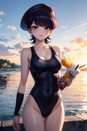 A mature woman, Komi Shuuko, with striking features and a stunning presence, stands confidently on the beach at sunset. Her short, black hair is sleek and shiny, framing her face with a swept fringe of bangs. Her piercing purple eyes sparkle as she gazes out at the sea. Wearing a very thin swimsuit and completing her chic look with sunglasses and a straw hat, Komi exudes sophistication and charm against the warm hues of the setting sun.