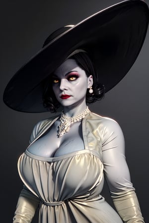 Alcina, yellow eyes, black hair, short hair,
pale skin, may not be necessary - black or gray eyes - if not yellow, lipstick, mature woman, makeup, veiny skin, curves, - can improve appearance, white dress, hat, single earring, neckline, pearl necklace, black gloves, the dress has a flower or a black rose, -> flower brooch on the shoulder, - black may need to be added, hat, black hat, big hat or sun hat
