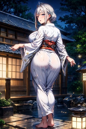 Mature woman, from toes to crown, dons luxurious white kimono, standing outside traditional Japanese house at dusk, under starry night sky with soft lantern light. Her massive derrière is prominent as she grasps her buttocks, inviting the viewer's gaze.