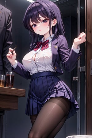 Komi Shouko stands confidently in front of a subtle, blurred background, her long black hair styled with sidelocks and swept bangs framing her striking features. Her piercing black eyes sparkle beneath her thick eyelashes. She wears a crisp school uniform consisting of a blue blazer, collared white shirt, and red striped bow tie. The medium-sized breasts are subtly accentuated by the fitted shirt. A diagonal-striped bow adorns the front of the blouse, adding a touch of whimsy to the overall design. The long sleeves and red pleated skirt create a striking contrast, while black pantyhose adds a hint of sophistication. She completes her look with comfortable loafers, showcasing her confident demeanor.,BIG BOOB,HOT,HOT WOMAN,BIG TITS,red bowtie