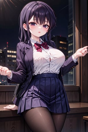 Komi Shouko stands confidently in front of a subtle, blurred background, her long black hair styled with sidelocks and swept bangs framing her striking features. Her piercing black eyes sparkle beneath her thick eyelashes. She wears a crisp school uniform consisting of a blue blazer, collared white shirt, and red striped bow tie. The medium-sized breasts are subtly accentuated by the fitted shirt. A diagonal-striped bow adorns the front of the blouse, adding a touch of whimsy to the overall design. The long sleeves and red pleated skirt create a striking contrast, while black pantyhose adds a hint of sophistication. She completes her look with comfortable loafers, showcasing her confident demeanor.,BIG BOOB,HOT,HOT WOMAN,BIG TITS