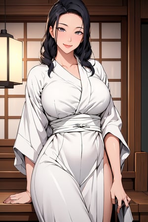 A serene dusk settles over a traditional Japanese house, its wooden slats warm under the soft glow of lanterns and starlight. A mature woman stands confidently, from head to toe clad in sandals, her striking features illuminated by the gentle ambiance. Her black hair cascades down her back, purplish-gray eyes gleam with warmth, and rosy cheeks flush with a subtle smile. A luxurious white kimono with gray lines drapes elegantly over her curvaceous figure, drawing attention to her prominent derrière as she proudly displays it to the viewer. The air is intimate and alluring, inviting the gaze to linger on her well-defined legs and toned physique, framed by the serene evening atmosphere.