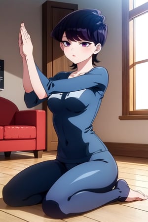 Komi Shuuko, a mature woman with short black hair and swept bangs, sits on a wooden floor in a serene living room. Her shiny hair glistens as she practices yoga, her purple eyes focused inward. She wears tight yoga clothes that accentuate her toned physique. The room is bathed in the warm glow of morning light, which streams through the windows and illuminates the scene. A sofa sits comfortably in the background, a subtle reminder of relaxation and leisure time. As she holds a challenging yoga pose, Komi exudes confidence and serenity.