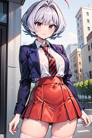 A close-up shot of Najimi KCC's determined expression, her short hair styled with antenna-like hair accessories. Her bright yellow eyes shine with intensity as she gazes straight ahead, wearing a crisp blue blazer adorned with the itan private high school uniform insignia. A bold red and black striped necktie adds a pop of color to her outfit, which is completed by a striking red and black striped short skirt that showcases her toned legs. Black thigh-highs add an edgy touch to her overall look, exuding a sense of confidence and sass as she poses with a fiery passion.