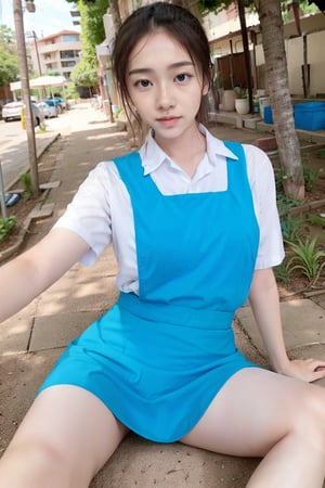 woman, pure and cute face, blue uniform,short skirt, bokeh, magnificent, beautiful,attractive, hot and sexy poses, good body, teenager, seduction, show sexy leg obviously, masterpiece, show underpants, flighty,wear sport shoes, perfect body, graceful,neat and clean clothes, attractive hair