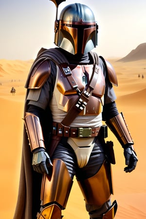 A scene from Star Wars:
A full body portrayal.

A Mandalorian warrior in gray armor with bronze markings in the desert of Tatooine.