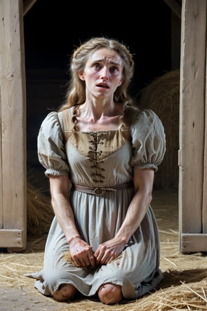 A full-body representation:
A scene from the Middle Ages.
A human woman in a stable with straw on the floor.
She has light brown, unkempt hair and pointed ears.
She is dressed in the tattered remains of a dress.
She is barefoot.