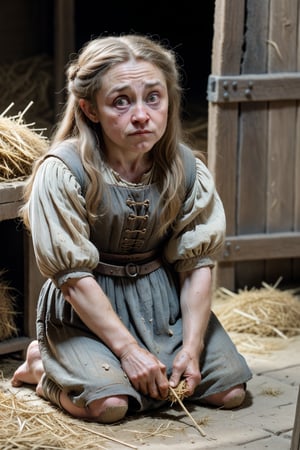 A full-body representation:
A scene from the Middle Ages.
A dwarf woman in a stable with straw on the floor.
She has light brown, unkempt hair and pointed ears.
She is dressed in the tattered remains of a dress.
She is barefoot.