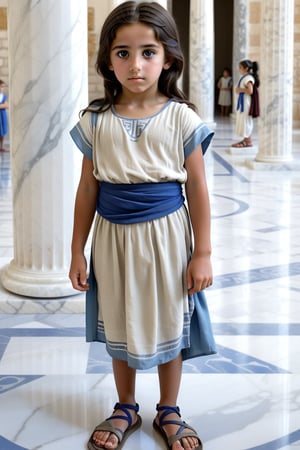 A scene from the Bronze Age. A full-body depiction.
A girl of primary school age (7 years) with olive-coloured skin and straight, dark hair.
She is wearing ancient Greek clothes consisting of a grey and white tunic with a blue sash and sandals.
A hall with white marble columns can be seen in the background.