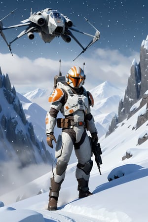 A scene from Star Wars.
A full-body picture.

A soldier in white, winter armour in a wintry mountain landscape. Stars are in the sky. A gunship flies in the background.