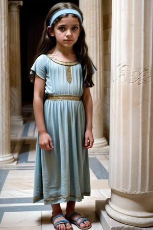 A scene from the Bronze Age:
A full-body representation:

A girl (aged 7) with long, dark hair and olive-coloured skin stands in a columned hall in the style of ancient Greece.
She is wearing ancient Greek clothing, consisting of a light blue tunic with a blue hip sash and leather sandals.
She is wearing a blue hairband.
A gate with a pointed arch can be seen in the background.