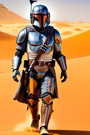 A scene from Star Wars:
A full body portrayal.

A Mandalorian warrior in gray armor with bronze markings in the desert of Tatooine.